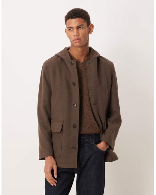 Mango Brown Hooded Brushed Coat With Pockets for men