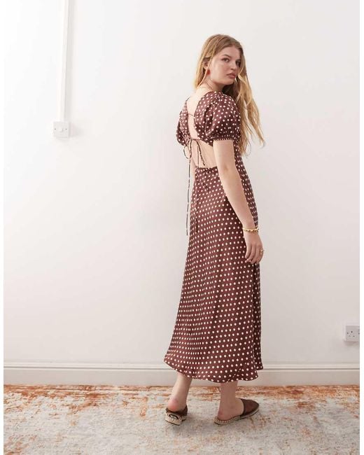 Vestido De Tarde Midi Con Estampado De Lunares, Mangas Abullonadas Y Cordones Cruzados En La Espalda De Reclaimed (vintage) de color Multicolor