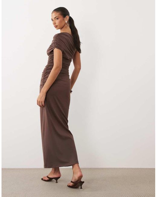 4th & Reckless Brown Double Layered Slinky Drape Waist Detail High Neck One Sleeve Maxi Dress