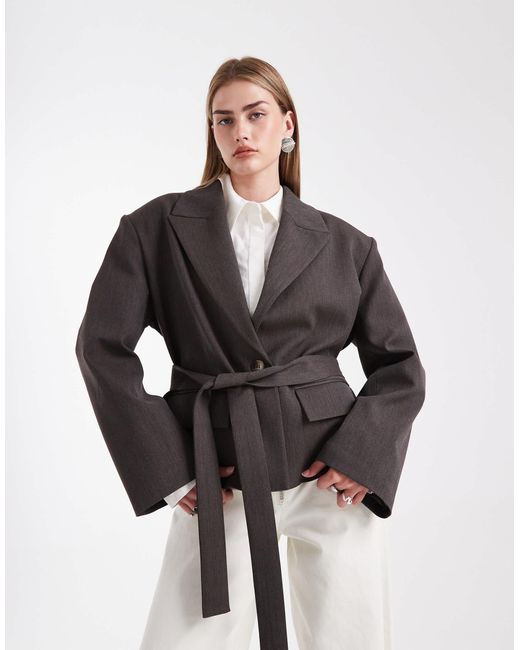 Blazer ajusté avec ceinture coupe carrée - chocolat ASOS en coloris White
