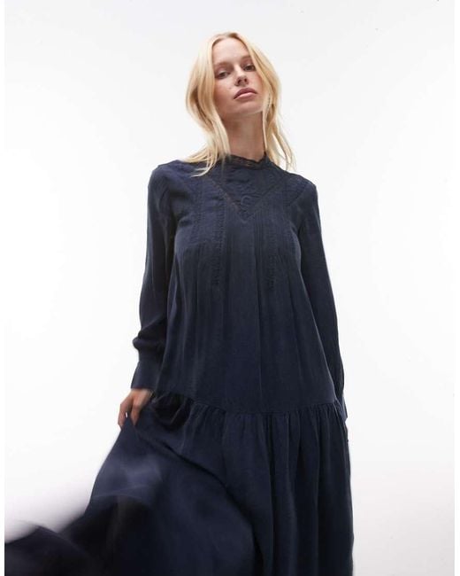 & Other Stories Blue Crepe Volume Maxi Dress With Lace Detail And Tiered Ruffles