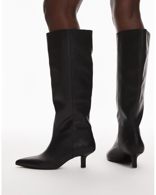 & Other Stories Black Real Leather Knee High Heeled Boots With Suede Lining