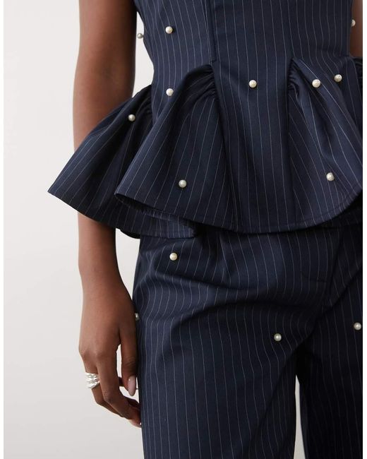 ASOS Blue Peplum Corset Top With Faux Pearls