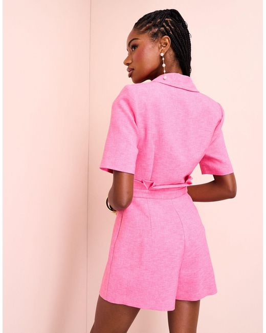 ASOS Pink Linen Look Tailored Paper Bag Playsuit