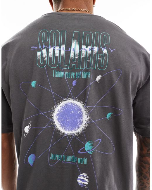 T-shirt oversize grigia con stampa di sistema solare sul retro di Only & Sons in Black da Uomo