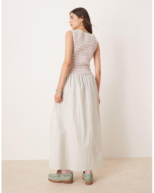 Vestito Lungo Arricciato A Righe Con Cuciture A Contrasto di ASOS in Natural
