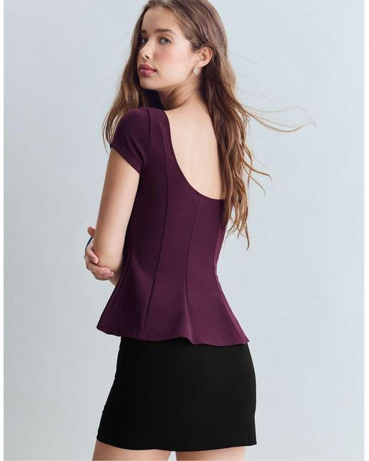 Stradivarius Purple Peplum Mini Sleeve Top