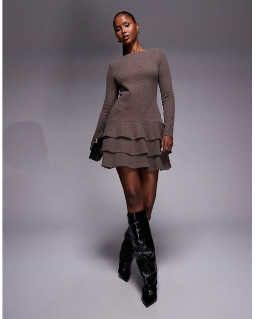 ASOS Gray Supersoft Long Sleeve Tiered Rara Skirt Mini Dress