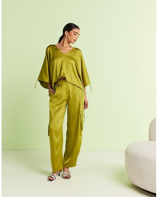 ASOS Green Tailored Satin Ruched Long Sleeve Top
