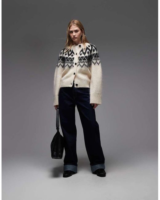 & Other Stories Gray Fluffy Wool And Mohair Blend Fair Isle Yarn Jacquard Print Cardigan