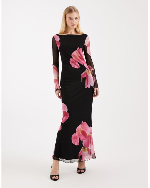 Vero Moda Red Long Sleeve Mesh Maxi Dress