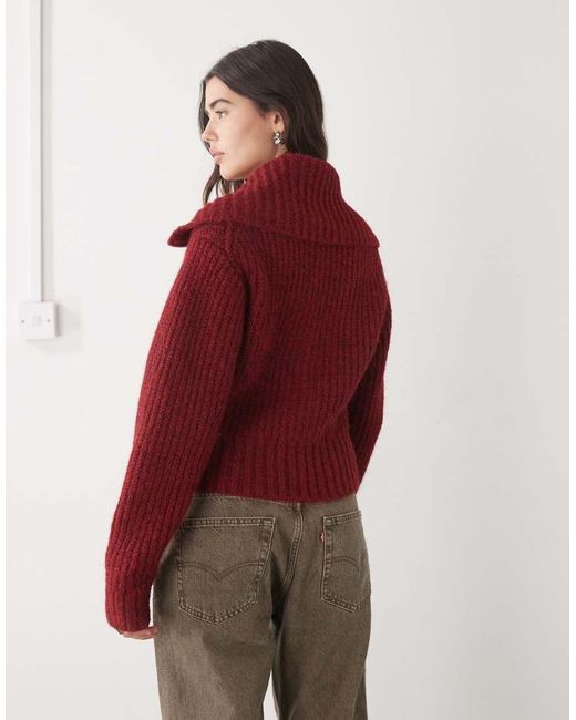 Weekday Red Chunky Rib Hem Zip Up Cardigan