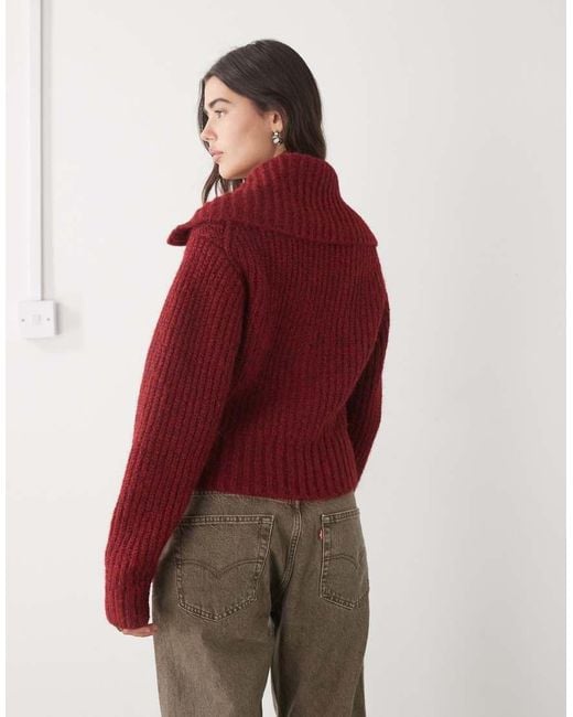 Weekday Red Chunky Rib Hem Zip Up Cardigan