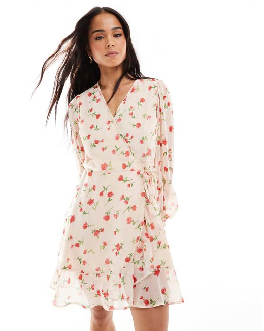 Wednesday's Girl White Floral Ruffle Wrap Mini Dress