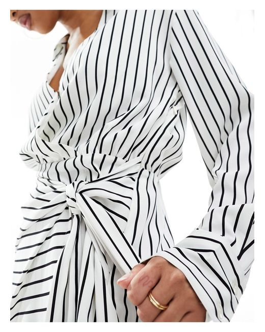 Abercrombie & Fitch White Long Sleeve Draped Striped Shirt Dress