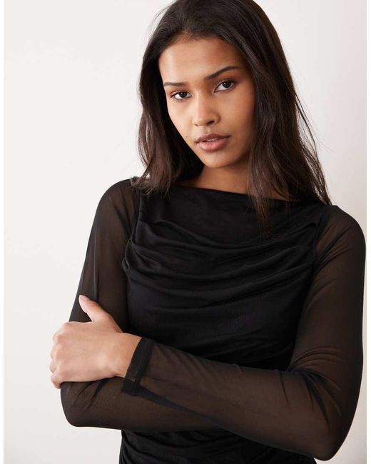 ASOS Black Mesh Drape Boat Neck Long Sleeve Top