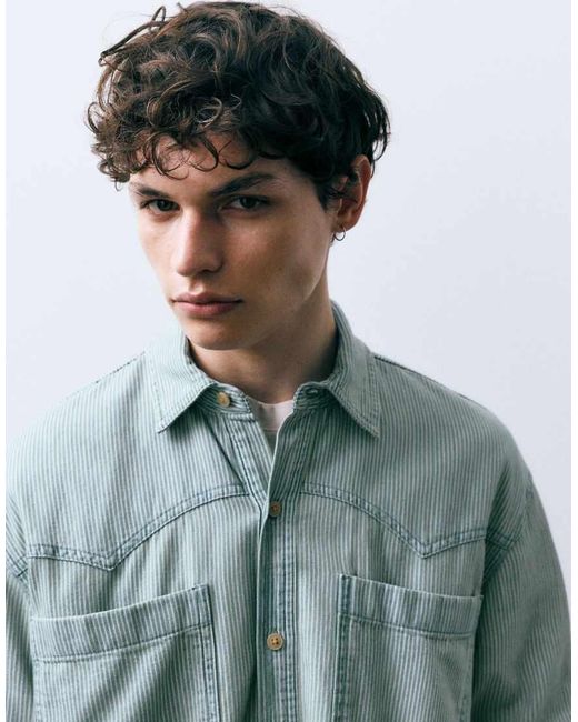 Pull&Bear Green Cowboy Striped Shirt for men