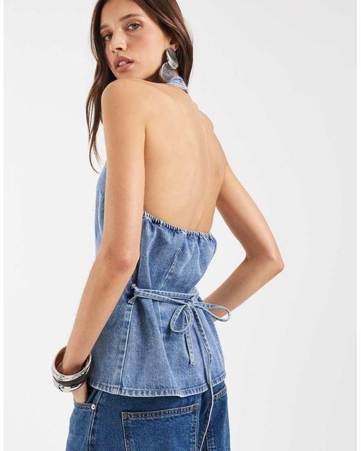 Object Blue Halter Neck Tie Waist Denim Top