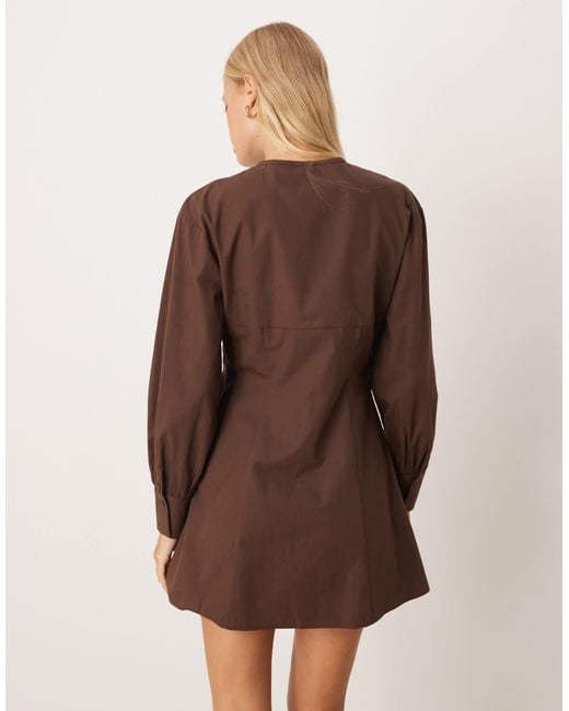 ASOS Brown Round Neck Button Through Waisted Mini Dress