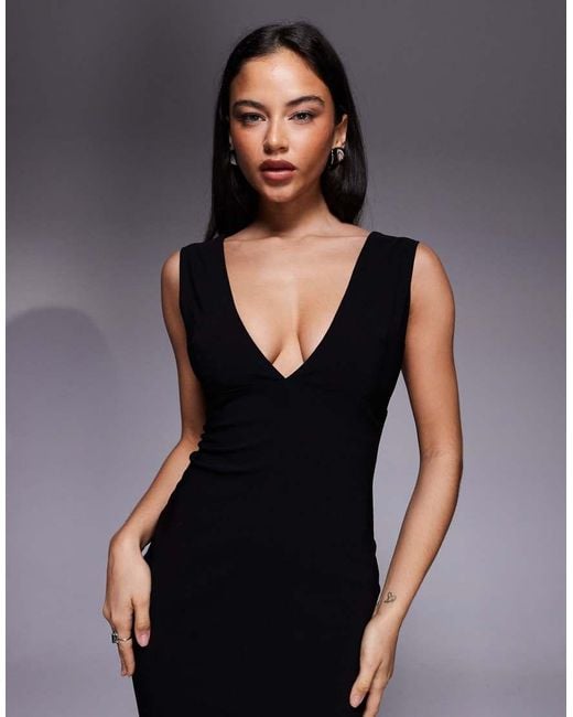 Vesper Blue Bengaline V-neck Plunge Maxi Dress