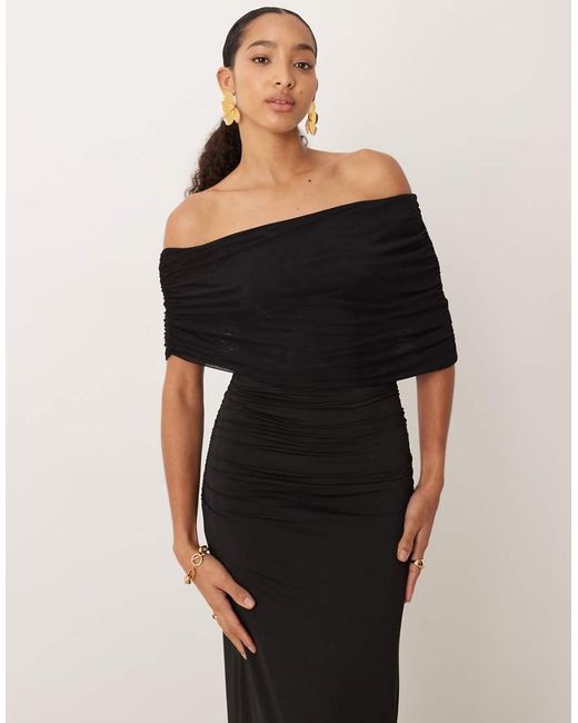 SNDY'S Red Mesh Bardot Sleeve Ruched Waist Maxi Dress