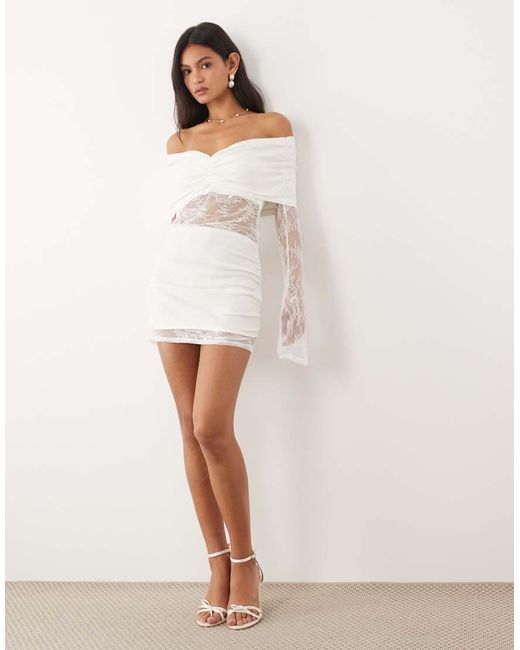 JW PEI White Bridal Knitted Drape Off Shoulder Lace Insert Mini Dress
