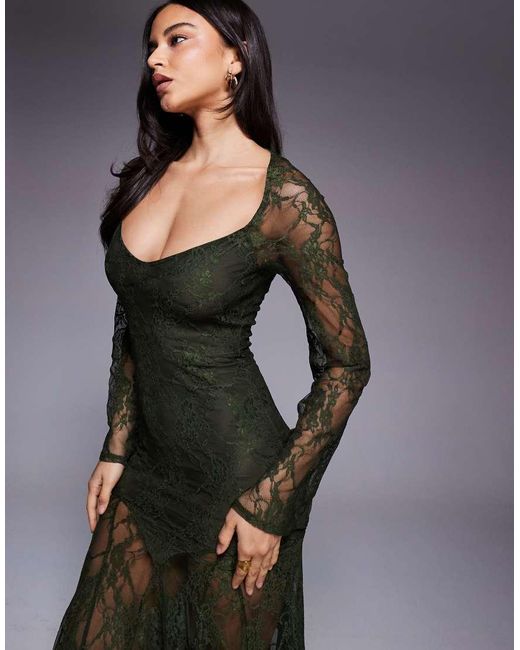 ASOS Gray Lace Long Sleeve Dropped Waist Maxi Dress