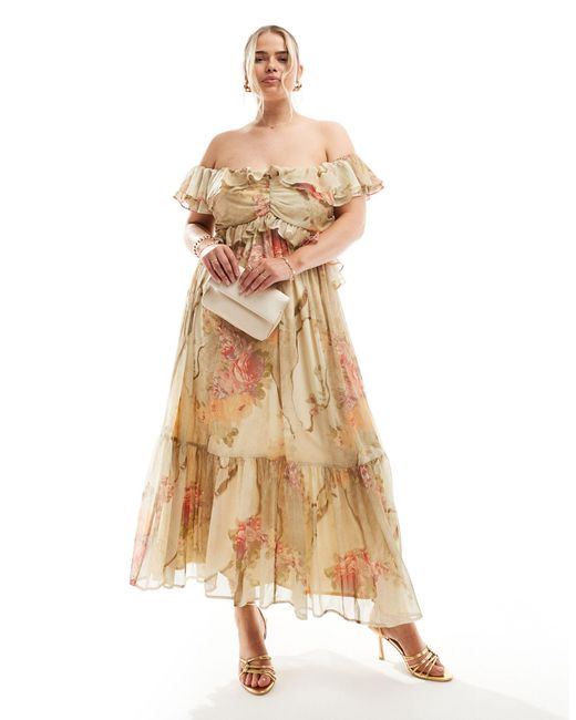 Asos design curve - robe mi-longue à imprimé fleuri patchwork et volants avec découpes et épaules dénudées ASOS en coloris Metallic