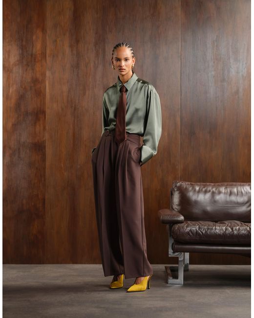 ASOS Brown Tailored Low Rise Wide Leg Pants With Asymmetric Waistband