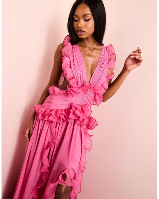 ASOS Plunge Maxi Dress With Ruched Chiffon Detail & Open Back in Pink | Lyst