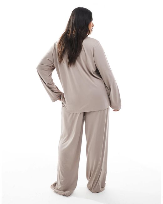 Loungeable Gray Curve Super Soft Jersey Camp Collar Top And Wide Leg Pants Pajama Set With Piping Detail