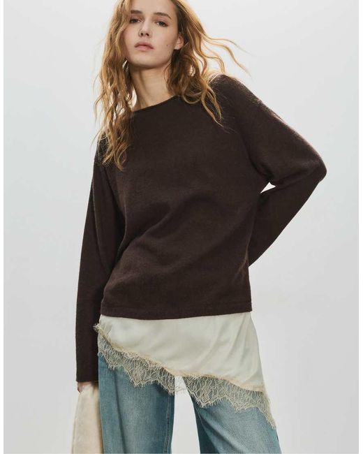 Pull&Bear Brown Combined Lace T-Shirt