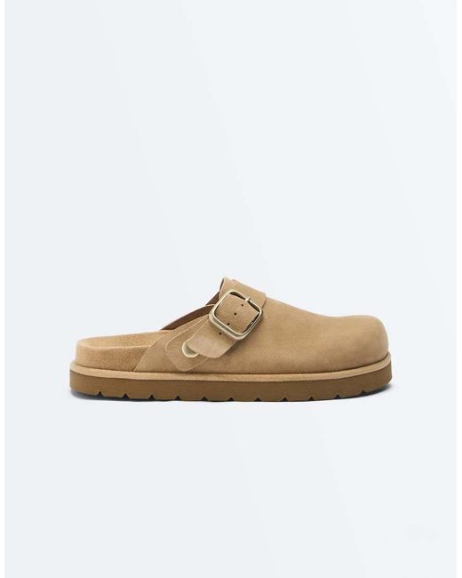 Oysho White Buckled Split-Leather Mules