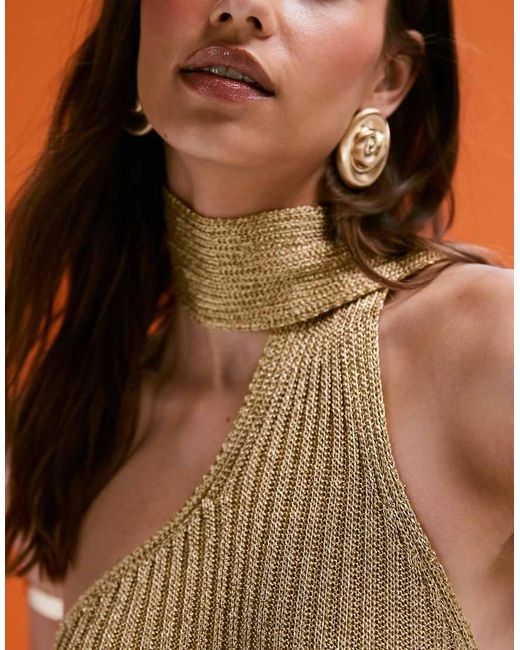 Aria Cove Orange Metallic Knitted Halterneck Scarf Detail Side Split Maxi Beach Dress