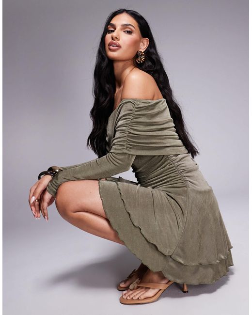Aria Cove Gray Textured Slinky Deep Bardot Ruffle Hem Mini Dress