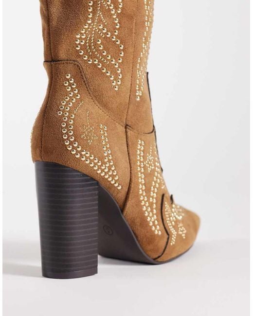 SEQWL Brown Embelished Western Knee Boots