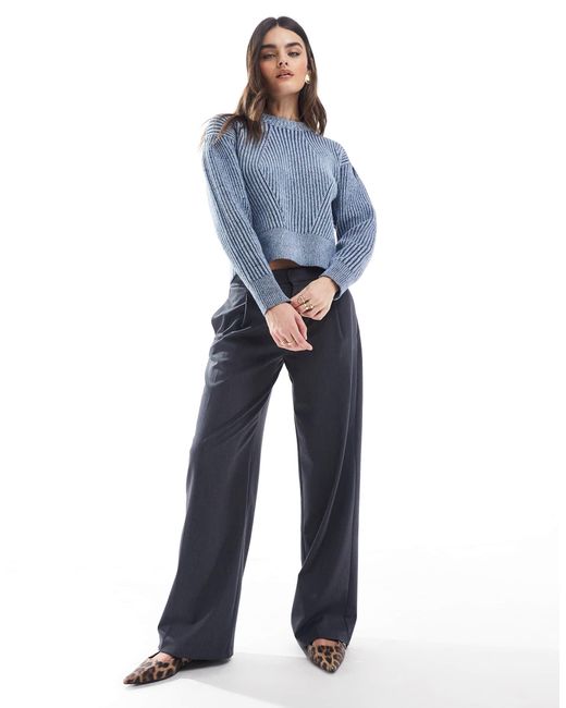 Bershka Low Rise Wide Leg Tailored Pants in Blue | Lyst