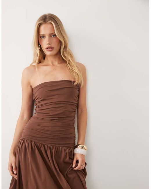 ASOS Brown Ruched Bandeau With Dropped Waist Maxi Dress
