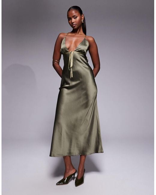 ASOS Brown Satin Bias Cut Cami Midi Dress With Contrast Tie Detail