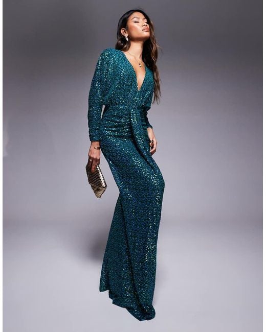 Goddiva Plunge V Neck Sequin Maxi Dress in Blue Lyst UK
