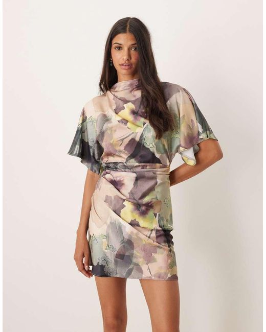 ASOS Brown Satin High Neck Blouson Mini Dress With Flutter Sleeve