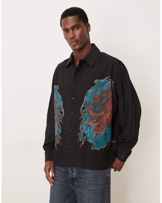 ASOS Black Oversized Square Collar Shirt With Dragon Print for men