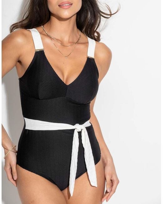 Pour Moi Black Acapulco Textured Belted Tummy Control Swimsuit