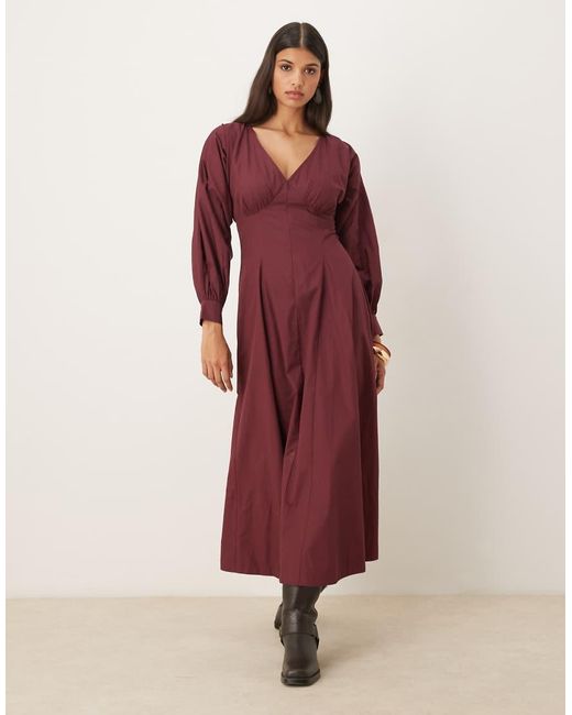ASOS Red Long Sleeve V Neck Poplin Maxi Dress