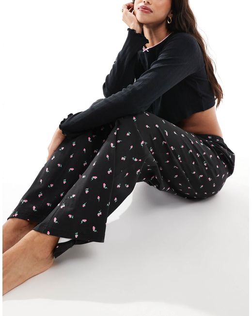 Wednesday's Girl Black Rose Print Trouser And Pointelle Top Pyjama Set