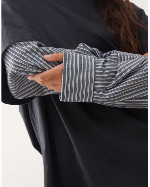 Lioness Gray 2 In 1 Oversized T-shirt Overlay And Striped Long Sleeve Shirt In Charcoal Stripe