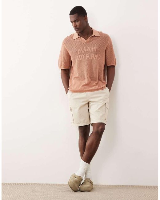 ASOS Brown Relaxed Knitted Mesh Notch Neck Polo With Chest Graphic for men