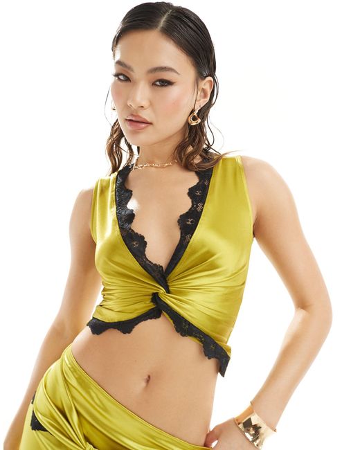 ASOS Green Co-ord Lace And Satin Mix Plunge Twist Front Top