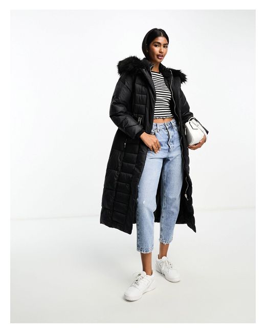River Island Black Maxi Belted Puffer With Faux Fur Hood