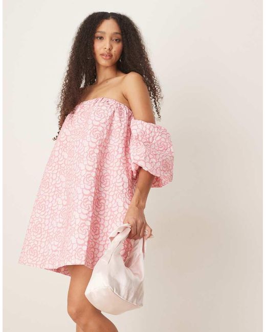 Y.A.S Pink Textured Rose Jaquard Off Shoulder Mini Dress